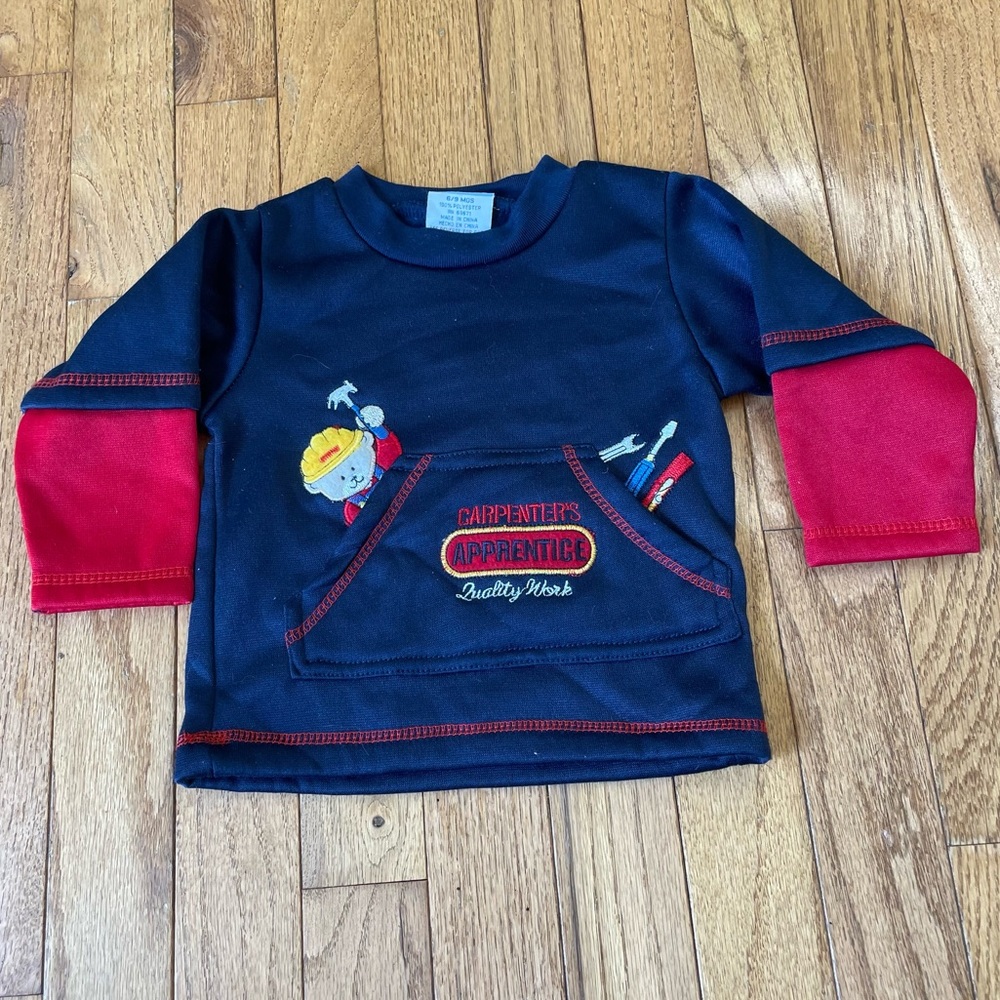VINTAGE BLUE RED CARPENTERS APPRENTICE BOYS L/S TOP CUTE! SIZE 6/9 MONTHS
